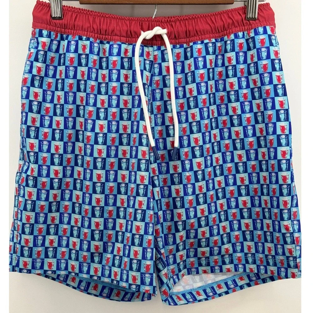 SSCO Mens Blue Red Solo Cup Checkered Swim Shorts Trunks Size Small 6 Inseam